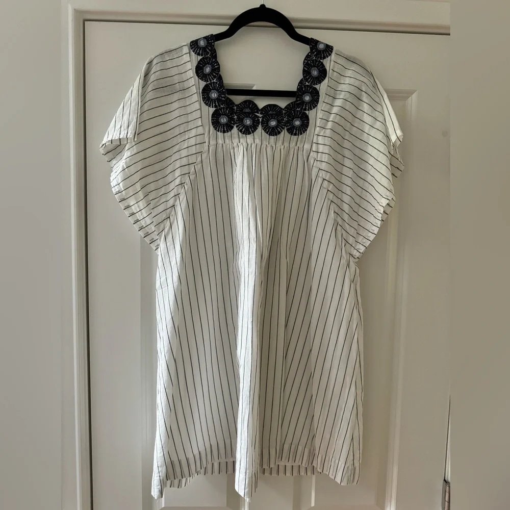 Madewell Linen Embroidered Butterfly Dress SZ XS White Navy Pinstripe - Picture 5 of 15